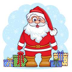 Merry santa claus in cartoon style with gifts boxes on a light blue backdrop with snowflakes. Christmas card for a Happy New Year. Drawn by hand. Illustration isolated on white background.