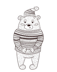 Cute brown bear in knitted sweater and hat with ornament. Coloring page. Adorable winter illustration