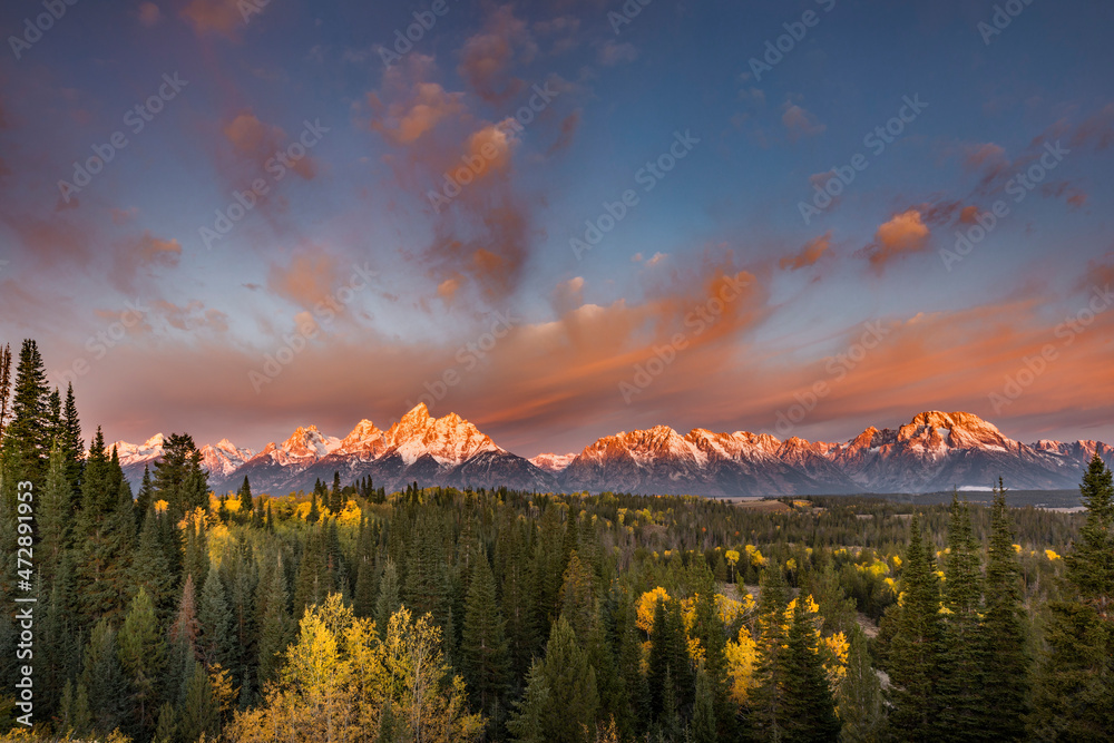 Sticker autumn sunrise view of teton range, grand teton national park, wyoming