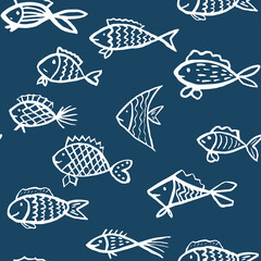 Blue and white vector pattern with hand drawn fishes. Creative ornament for covers, backgrounds, textile and interior decoration