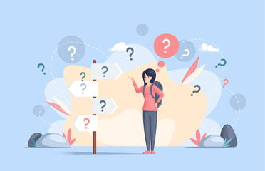 Making confusion. Woman thought about solution to problem, choose options person concept. Career, life and question decision process visualization. Person thinks hesitates to make ones choice