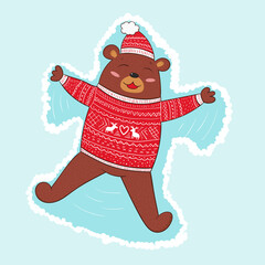 Adorable brown bear making snow angel in cute sweater with ornament. Vector illustration for cards, posters and other decorations