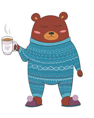 Cute sleepy bear in pyjamas with hot beverage in hands. Vector illustration for cards, posters and other designs