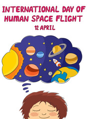 Boy dreaming of space adventure, space traveling. International Day of Human Space Flight concept. Vector illustration in cartoon style