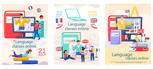 Online internet language courses flat vector illustration. Foreign speech study at home using computer. Instructor leads video lesson on computer teaches students, distance classes via internet © Dmytro