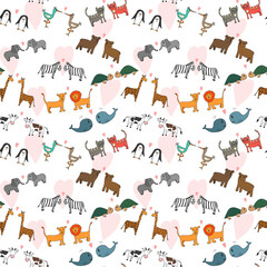 Vector seamless pattern with hand drawn cartoon animals, romantic concept, Valentine's day, ornament for backgrounds, fabrics, wrapping paper and other designs