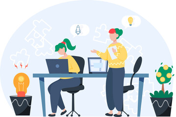 Bright idea development, successful teamwork building business concept, businesspeople and light bulb. Innovation idea and creative modern planning. People working with laptop in office, communicating