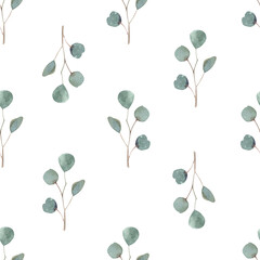 Christmas seamless pattern with green leaves eucalyptus. Hand made illustration. Botanical on white background. for textile, greeting cards,wallpaper, wrapping papers, holiday. Floral design.