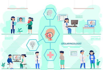 Otolaryngologist doctor with nose, ear and throat or ENT diagnostic and treatment instruments. Otology doctor with patient. Otorhinolaryngology healthcare medicine or otolaryngology diseases