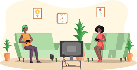 Boy and girl playing video games sitting on couch with gamepad relaxing at home, young people having good time, spending weekend together indoor. Fun leisure time with friends, entertainments