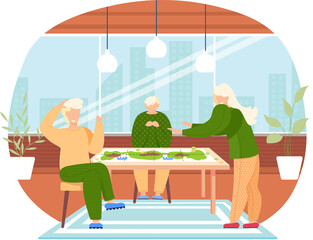Happy family or friends man and woman sitting at table and playing strategy logical board card game, spending time together at home. Family fun activity. Indoor entertainment for adults and children