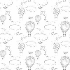Seamless vector pattern, hand drawn hot air baloons flying in the sky. Pattern for backgrounds, wrapping paper, fabrics and other designs