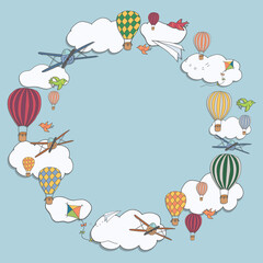 Square banner with hot air baloons, planes and clouds. Bright vector frame with place for text. Cartoon template can be used for advertisements, invitations, vouchers