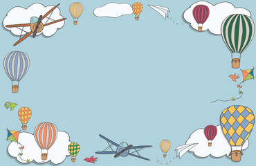 Rectangular banner with hot air baloons, planes and clouds. Bright vector frame with place for text. Cartoon template can be used for advertisements, invitations, vouchers