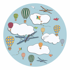 Round composition with hot air baloons, planes flying in the blue sky among clouds. Vector illustration for cards, banners and other designs