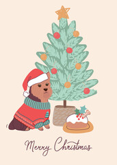 Cute dog Yorkshire Terrier on christmas card. Vector greeting card in flat style with lettering Merry Christmas