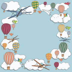 Obraz na płótnie Canvas Square banner with hot air baloons, planes and clouds. Bright vector frame with place for text. Cartoon template can be used for advertisements, invitations, vouchers
