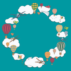 Square banner with hot air baloons, planes and clouds. Bright vector frame with place for text. Cartoon template can be used for advertisements, invitations, vouchers