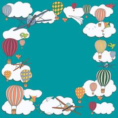 Square banner with hot air baloons, planes and clouds. Bright vector frame with place for text. Cartoon template can be used for advertisements, invitations, vouchers