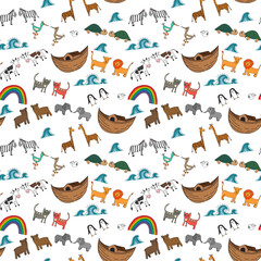 Vector seamless pattern with Noah's Ark concept, Bible story for kids. Colorful pattern with animals for backgrounds, kids designs