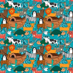 Vector seamless pattern with Noah's Ark concept, Bible story for kids. Colorful pattern with animals for backgrounds, kids designs