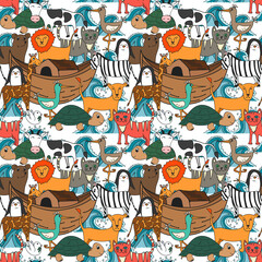 Vector seamless pattern with Noah's Ark concept, Bible story for kids. Colorful pattern with animals for backgrounds, kids designs