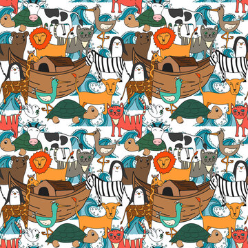 Vector seamless pattern with Noah's Ark concept, Bible story for kids. Colorful pattern with animals for backgrounds, kids designs