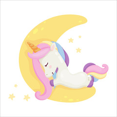 Fabulous rainbow unicorn sleeping on the moon. Cartoon vector graphics.