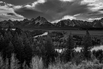 Black and white landscape of Snake River Overlook and Teton Mountains, Grand Teton National Park, Wyoming