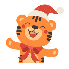 Childrens illustration of new year tiger, animal theme, print for childrens clothing, cuff, collage, banner, calendar. Vector illustration.