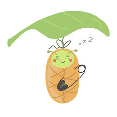 A cute caterpillar in a cocoon on a tree branch. Pupa of a butterfly. Children's vector illustration.