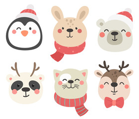 Collection of cute animals in Christmas hats and scarves. Children's hand-drawn animals. Deer, penguin, bear, cat, hare, panda. Cartoon characters.