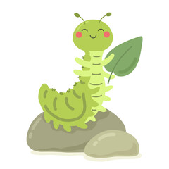 Lucky caterpillar on a pebble with a leaf. Children's vector illustration, print. Vector.