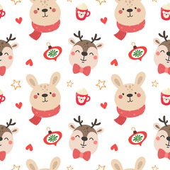 Seamless pattern of cute characters of animals, drawn faces of winter animals, christmas. Vector isolates.