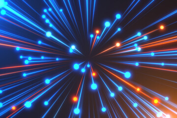 Cosmic background for event, party, carnival, celebration, anniversary or other. Abstract background in blue and orange neon glow colors. Speed of light in galaxy. Explosion in universe. 3D rendering.