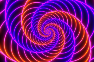 Glowing striped spiral. Abstract background in orange, red and purple vivid neon glow colors. Retro backdrop for event, party, carnival, celebration, anniversary or other. 3D rendering.