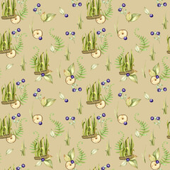 Forest fern and sliced wood with green leaves wild berries. Watercolour seamless pattern.