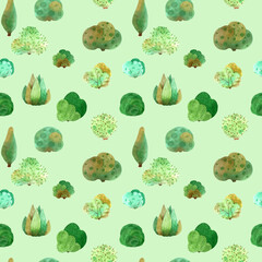 Green landscape design trees watercolor seamless pattern. Cypress and shrubs in repeat background.