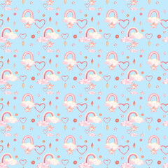 Cute watercolour hand drawn kids elements seamless pattern. Rainbow and hearts pink childish background.