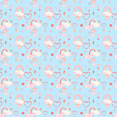 Cute watercolour hand drawn kids elements seamless pattern. Rainbow and hearts pink childish background.