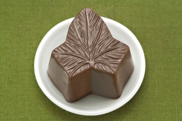 Chocolate em um prato branco em fundo verde