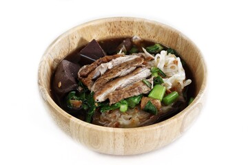 Duck noodle in soup of Asia food isolated white background