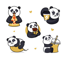 The set of pandas hugging food is good for hug day, stickers. The logo animals