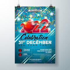 2022 New Year Party Celebration Poster Template illustration with 3d Number and Falling Colorful Confetti on Blue Background. Vector Holiday Premium Invitation Flyer or Promo Banner.