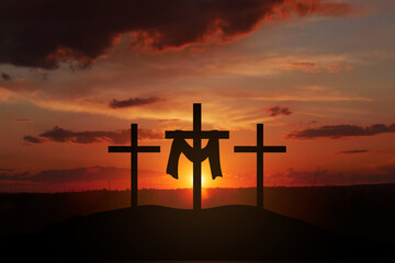 Three Christian Crosses On Calvary's Hill At Sunrise - Crucifixion And Resurrection Of Jesus Christ 