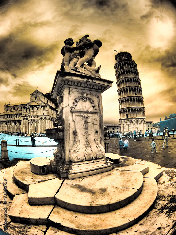 Wall mural italy, pisa. fontana dei putti with duomo de pisa, piazza dei miracoli