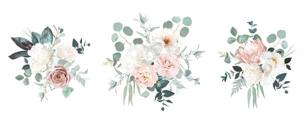 Blush pink rose, ranunculus, camellia, peony, hydrangea, magnolia, protea flowers - obrazy, fototapety, plakaty