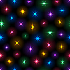 Seamless pattern from bright shining colored stars