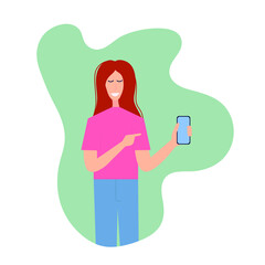 Young smiling woman holding mobile phone and showing screen phone. Vector stock illustration