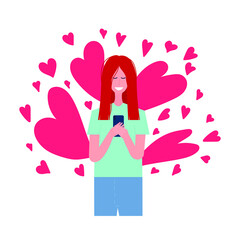 Obraz na płótnie Canvas Young woman looking at phone reading message. Love hearts background. Happy woman watching her smartphone and smiling. Vector stock illustration.